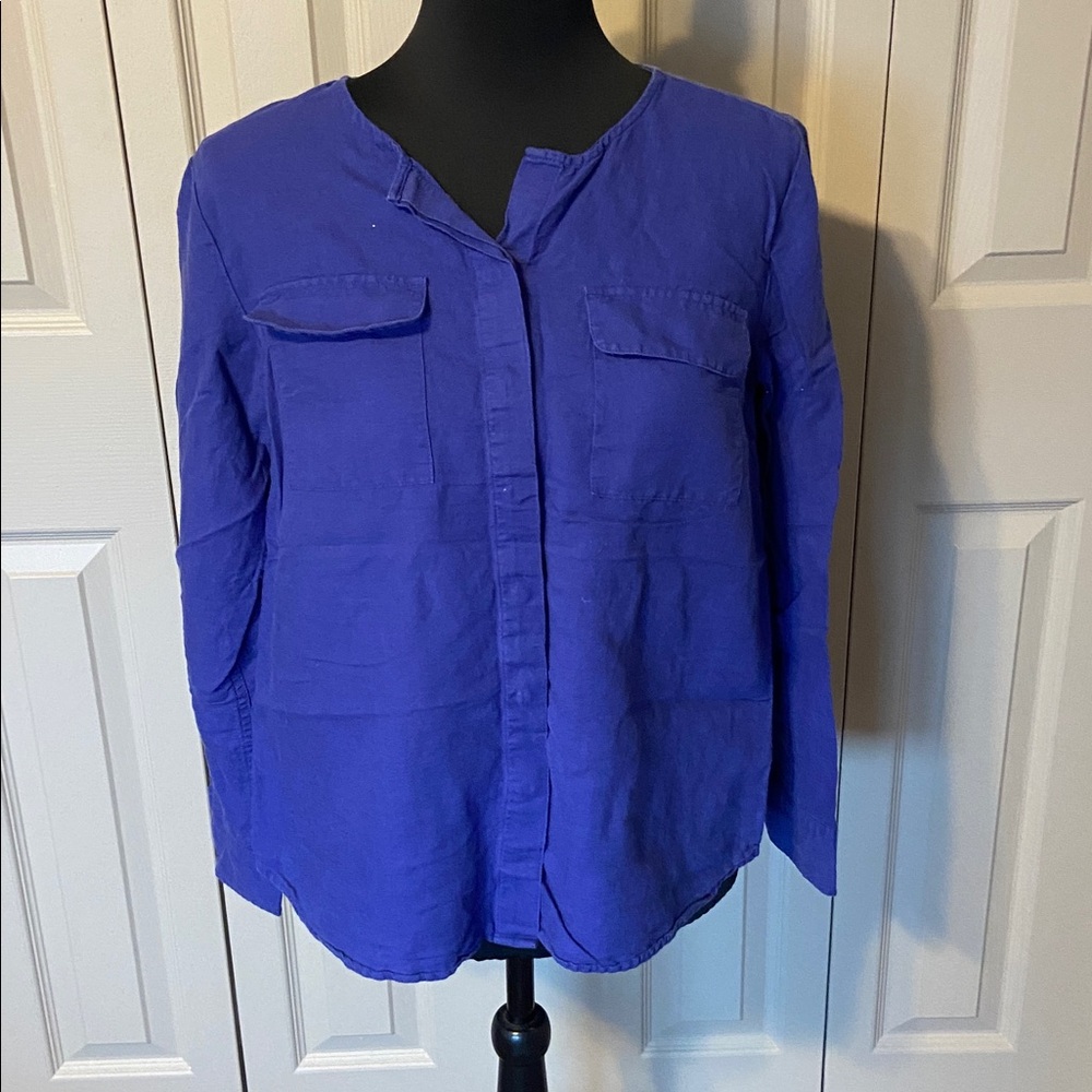 Talbots Linen Long Sleeve Blue Shirt Women's Size Medium Petite